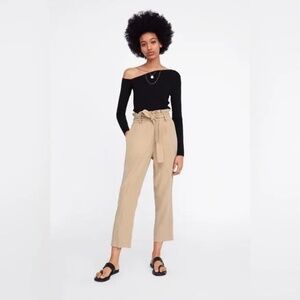 Zara Beige Paper Bag High Waist Trouser Pants, size S